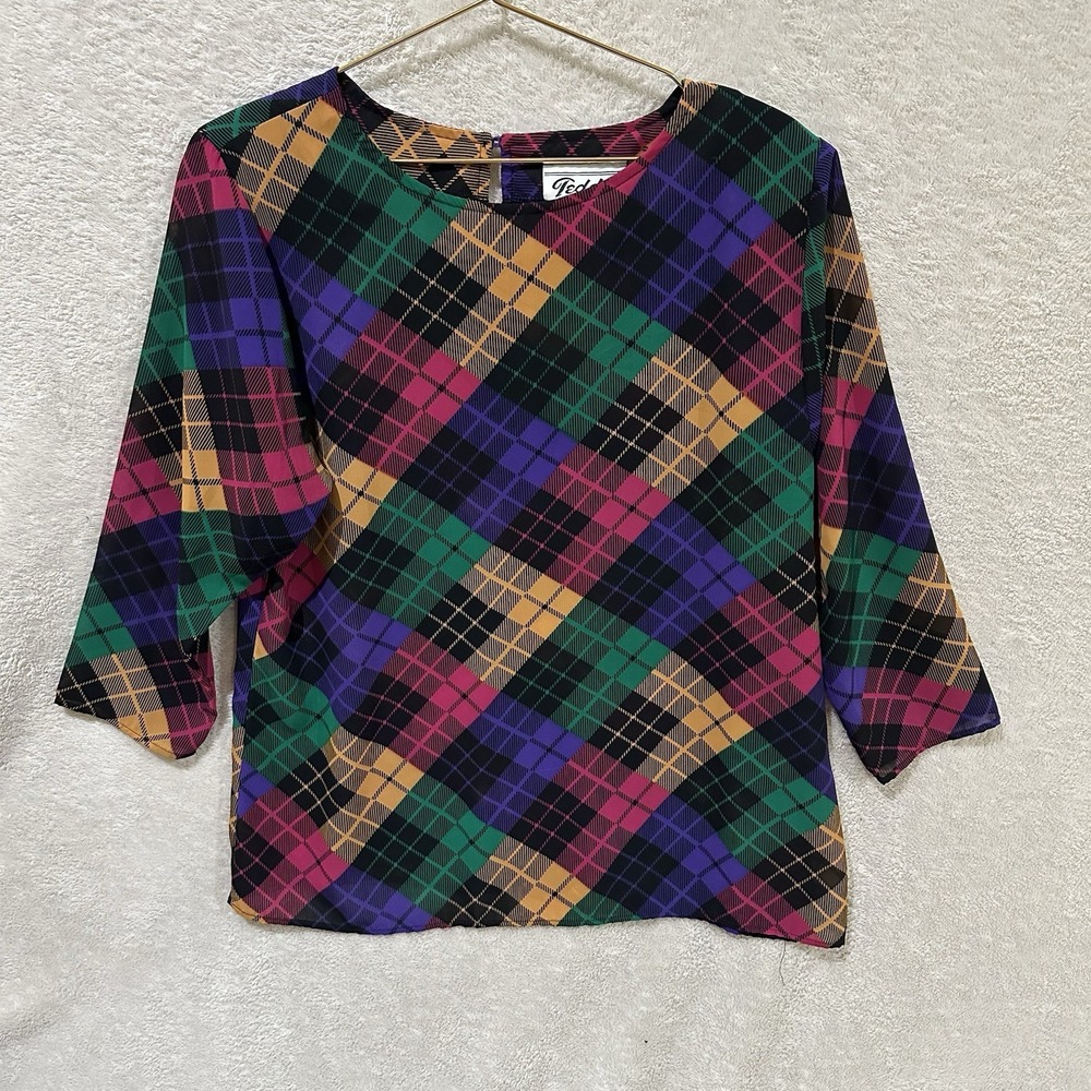 Vintage Teddi Of California Bright Top Secretary Geek Blouse Sz 14 Shoulder Pads